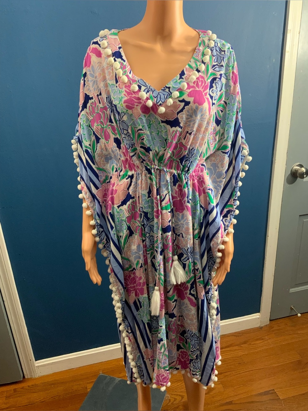 crown & ivy Floral Pom-Pom Caftan — Blue, Pink & Green